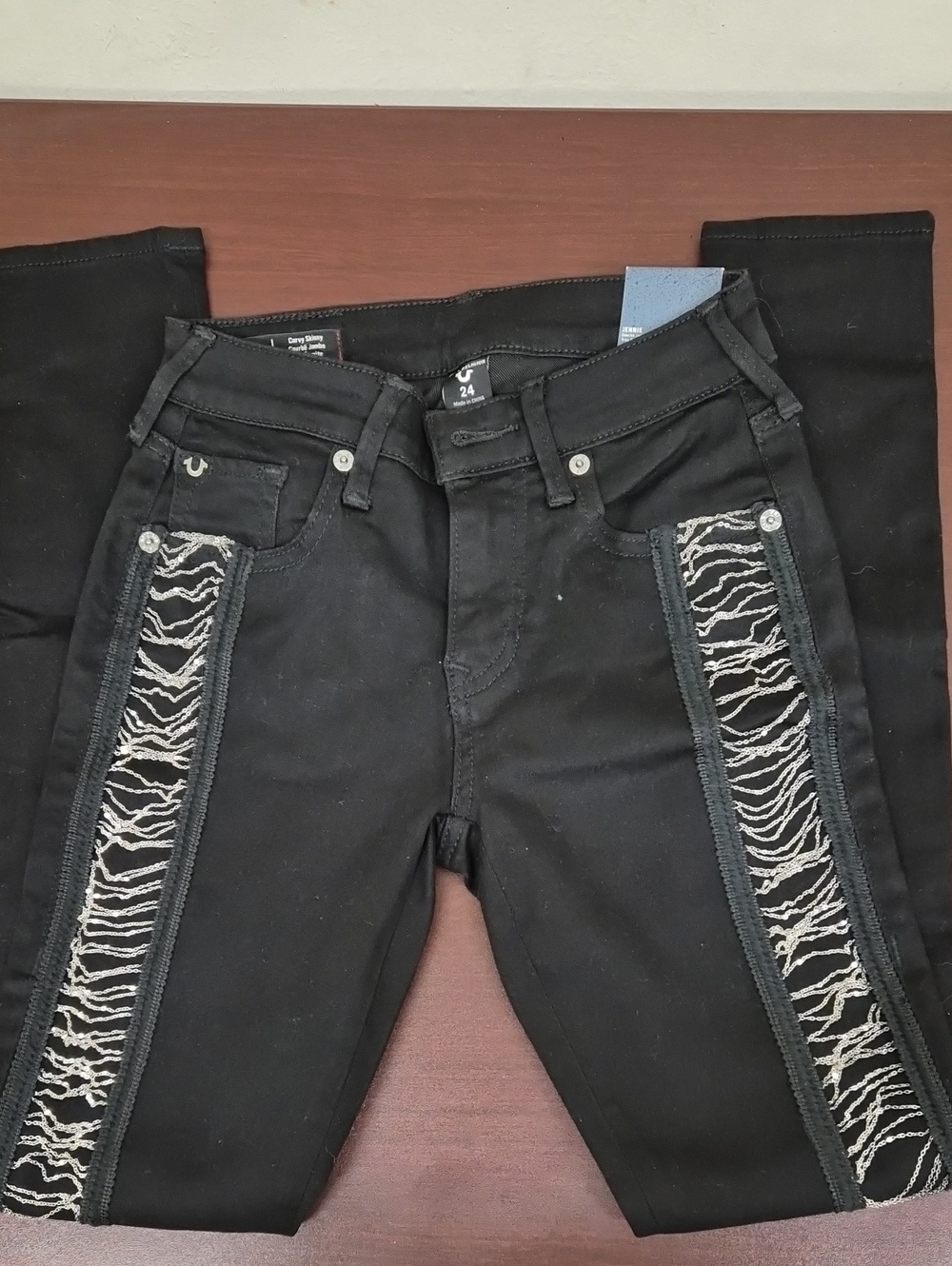 True Religion Black Skinny Jeans with Silver Zebra Side Panels Size 24